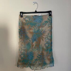 Y2K tan and blue sheer floral skirt with elastic waist  Size S but can fit a med